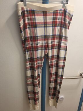 Old Navy Cream Plaid Ponte Leggings with Red, Blue and Yellow Accents